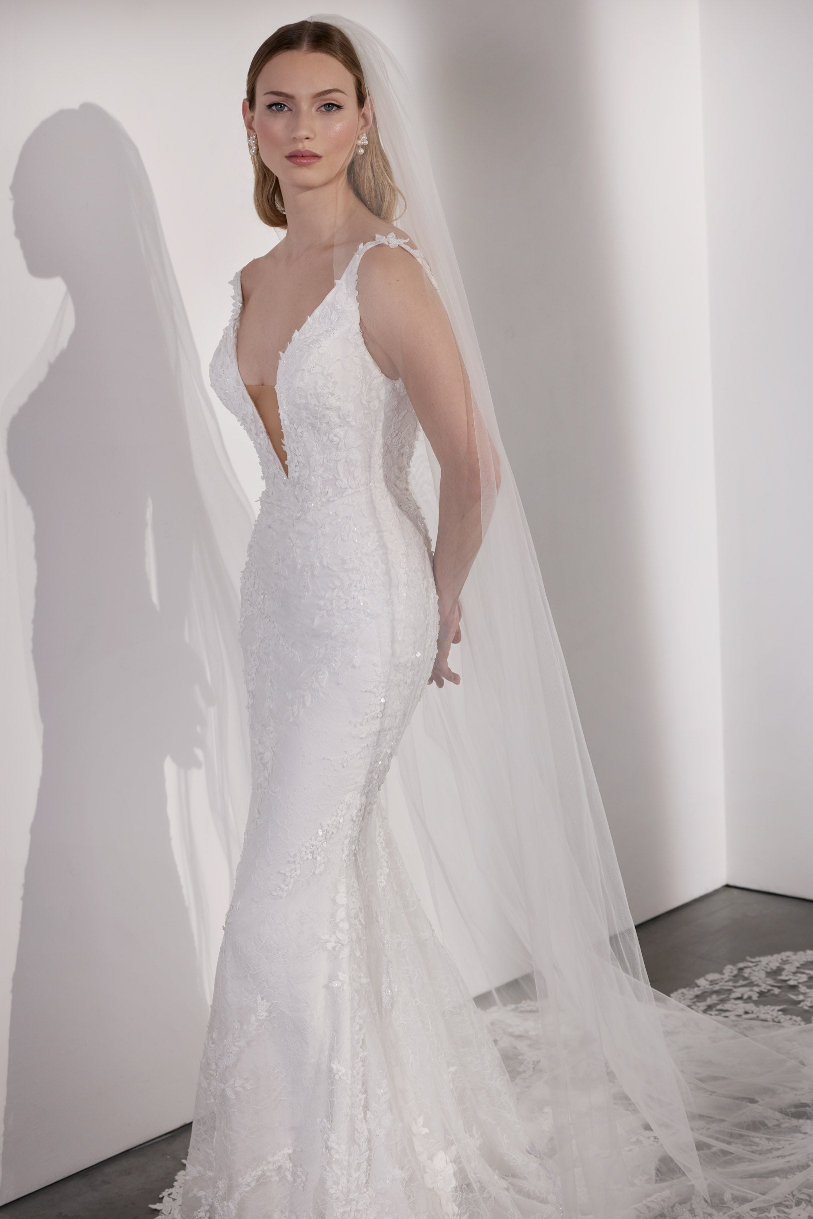 Beaded V-neck plunge sheath dress with illusion
train