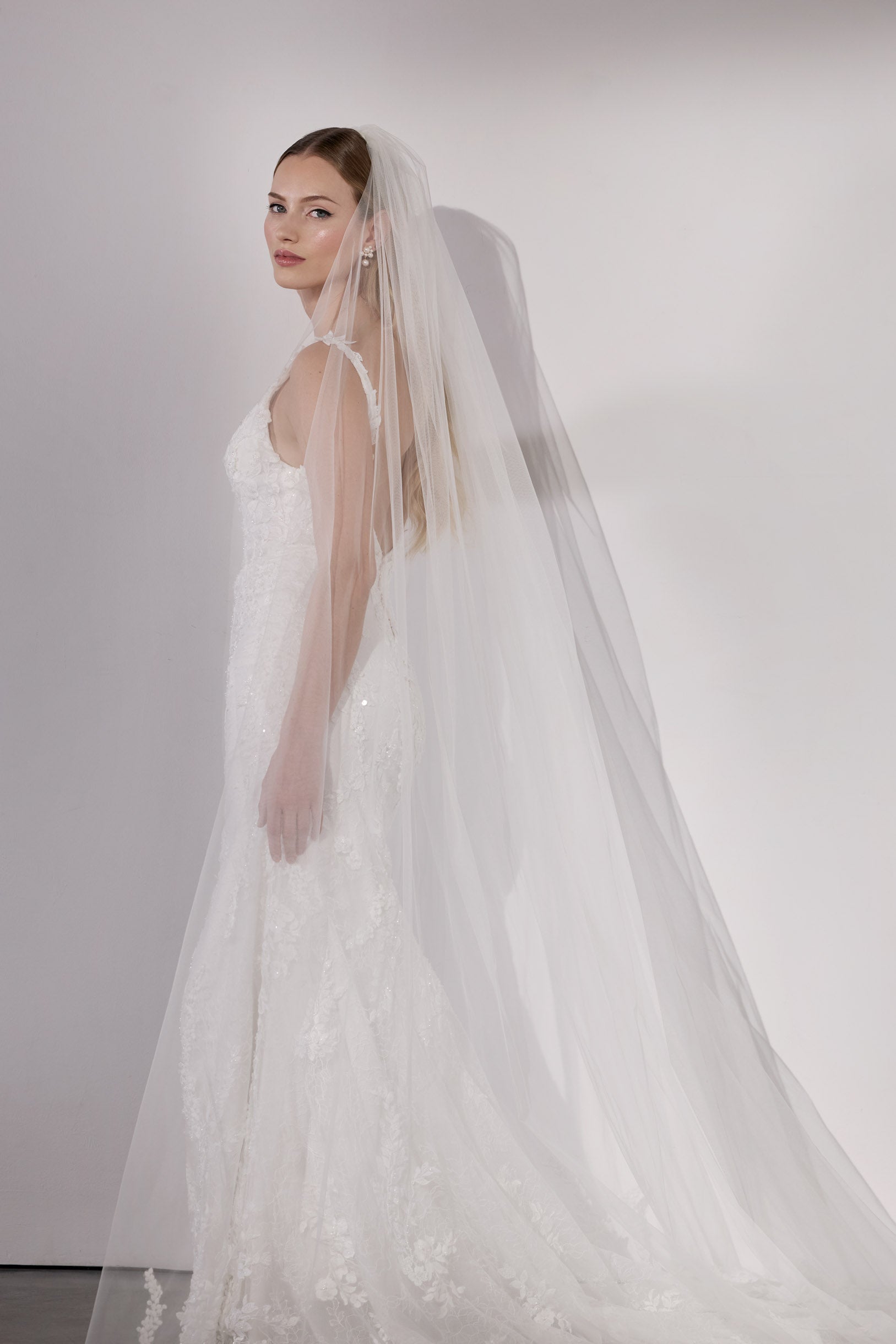 Beaded plunge sheath dress with illusion
train and single tier wedding lace veil