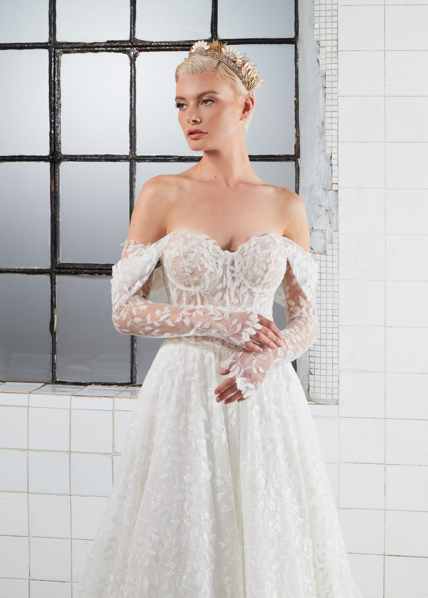sparkle tulle strapless A-Line dress with detachable straps and sleeves and inner corset