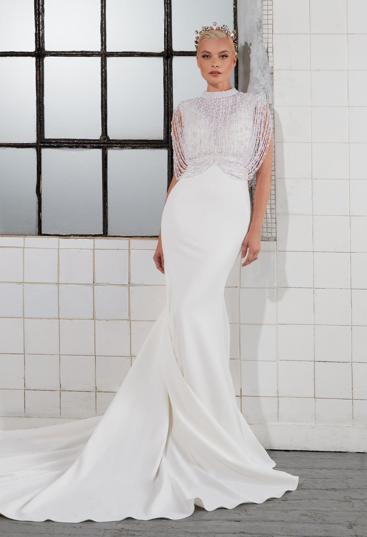 high neck hand-beaded dangling and draped pearls and crystal top