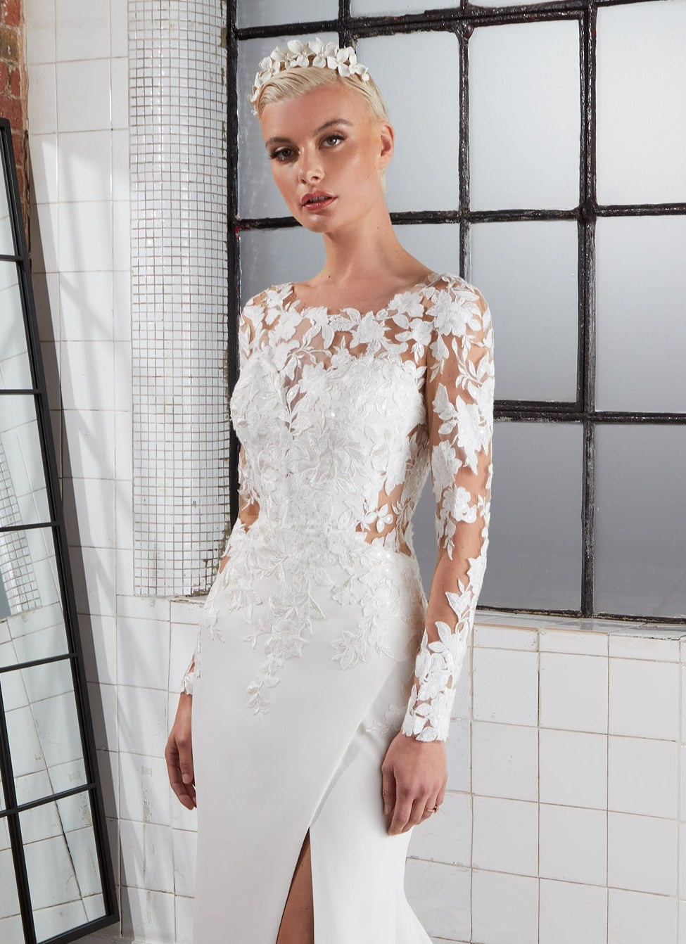 lux crepe flattering fishtail silhouette dress with illusion neckline and key-hole back with modern lace detailing, long sleeves and a daring thigh split