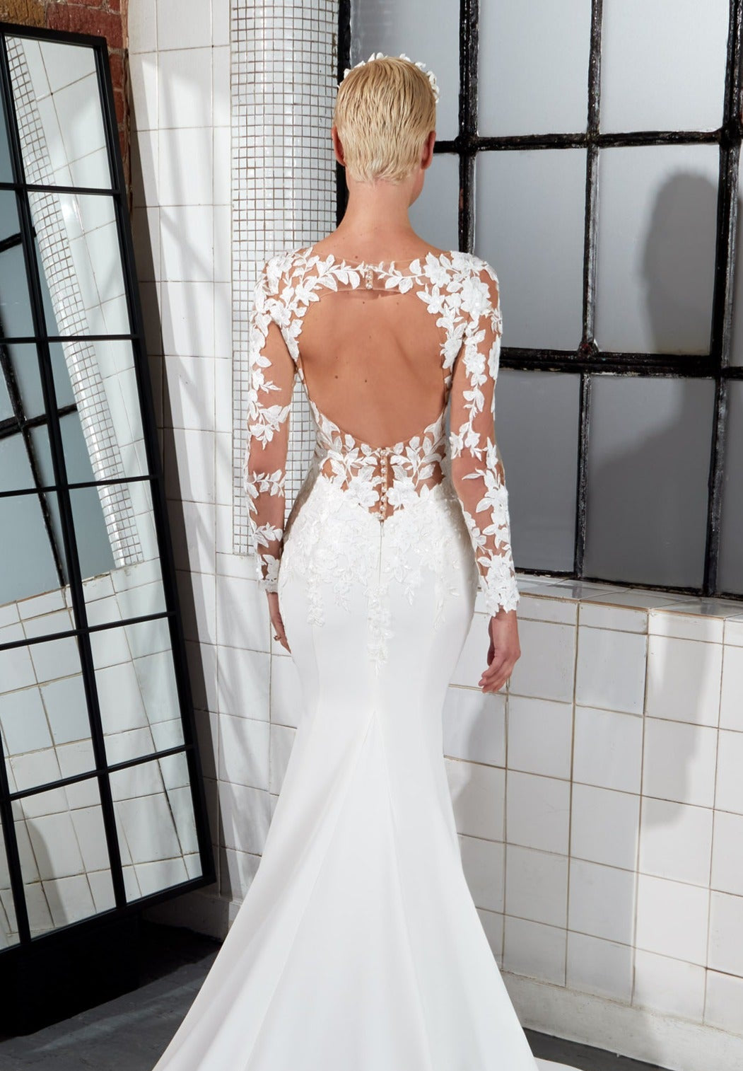 lux crepe flattering fishtail silhouette dress with illusion neckline and key-hole back with modern lace detailing, long sleeves