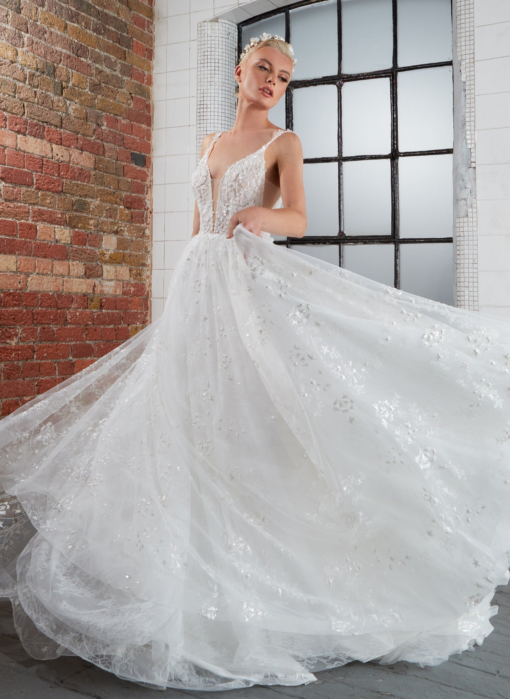 plunge V-neck A-line dress with beaded lace