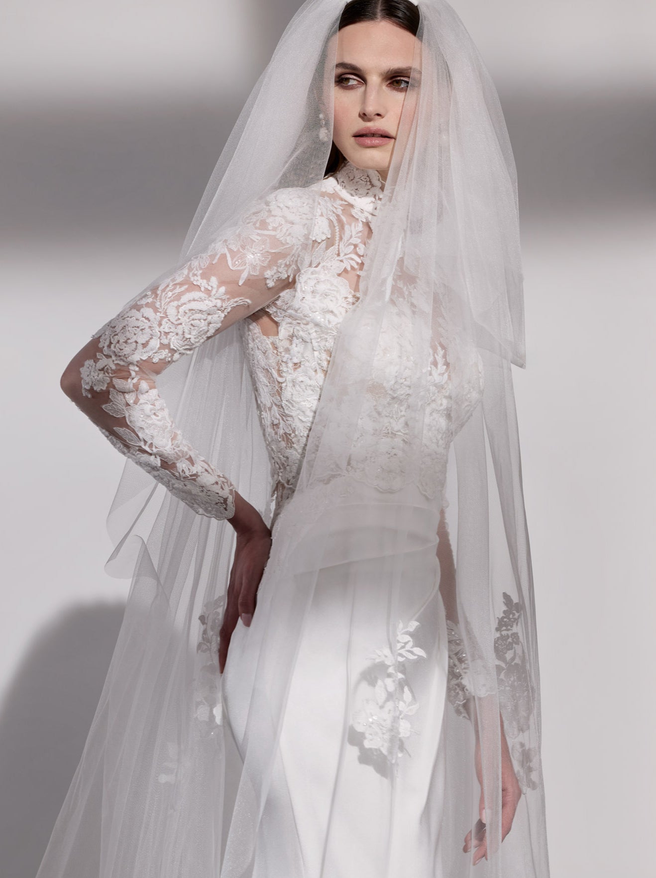 French-look embellished lace topper with pearl button back