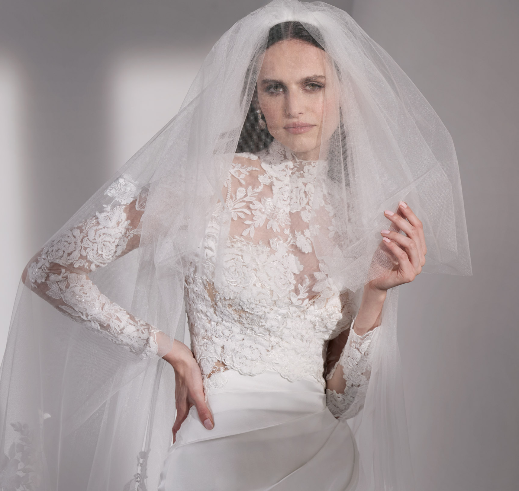 French-look embellished lace topper with pearl button back