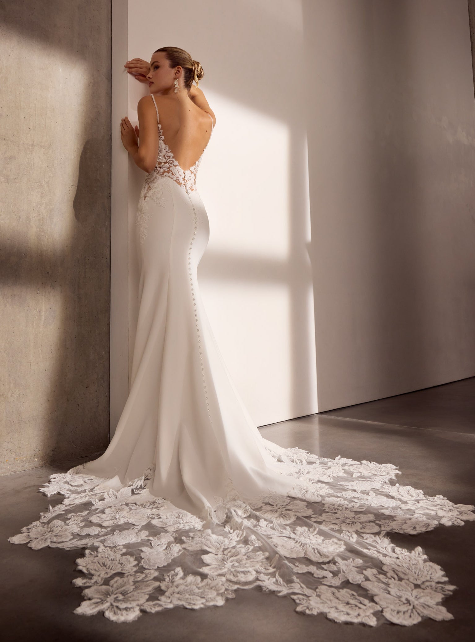 Lux stretch crepe with floral applique and
illusion train.