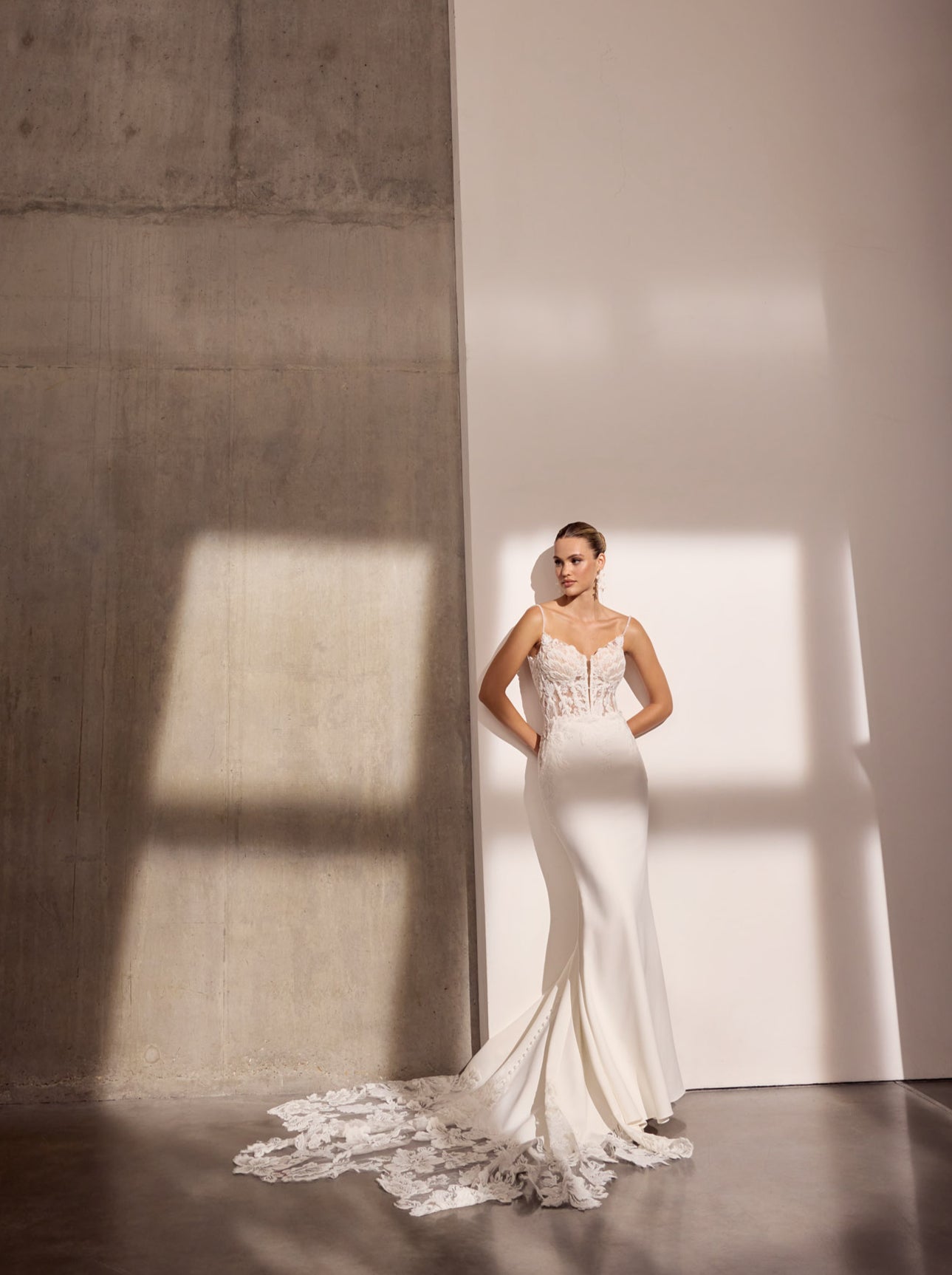 Lux stretch crepe with floral applique and
illusion train.