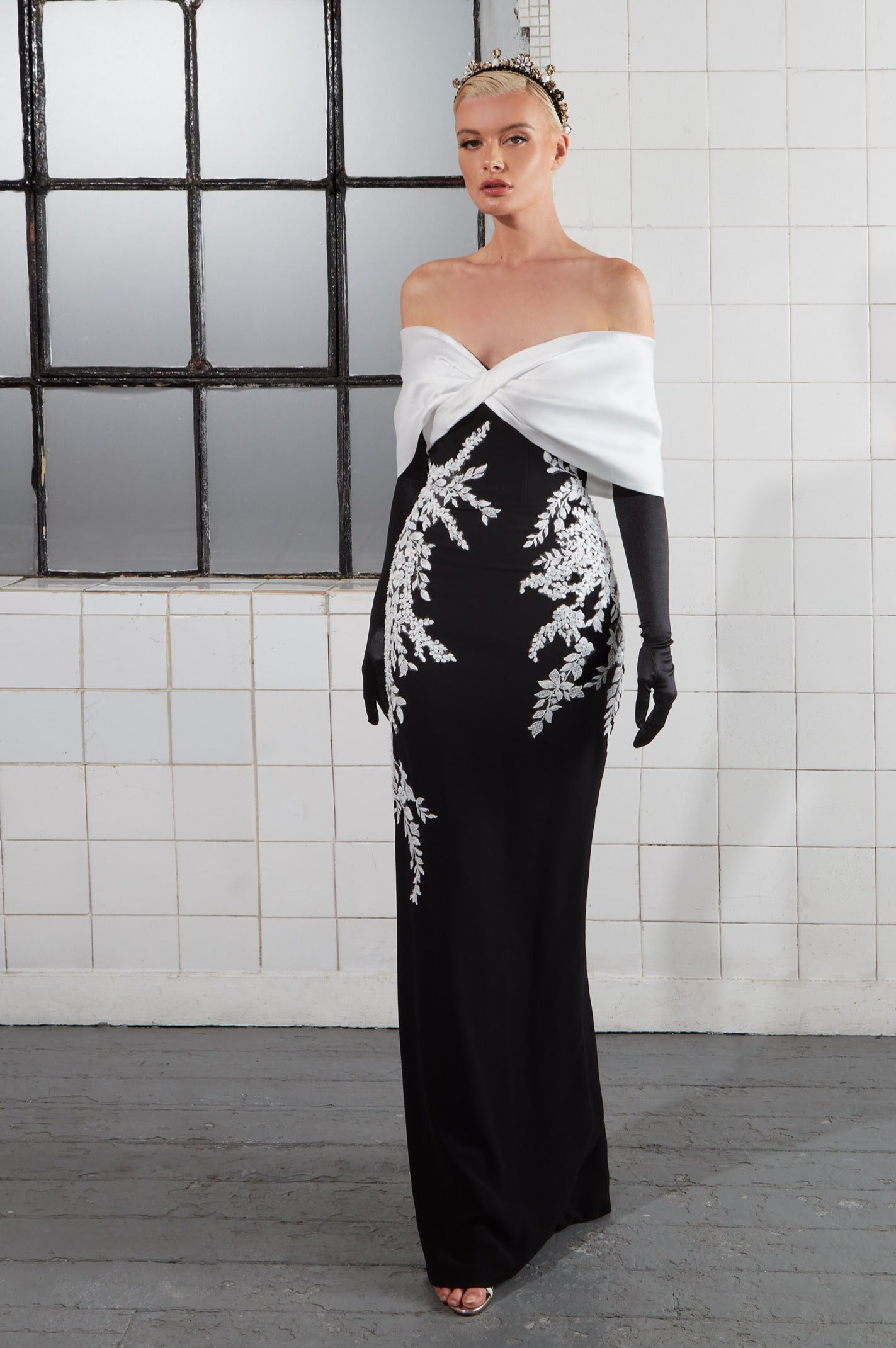 off the shoulder bow detail monochrome column dress with lace applique with gloves