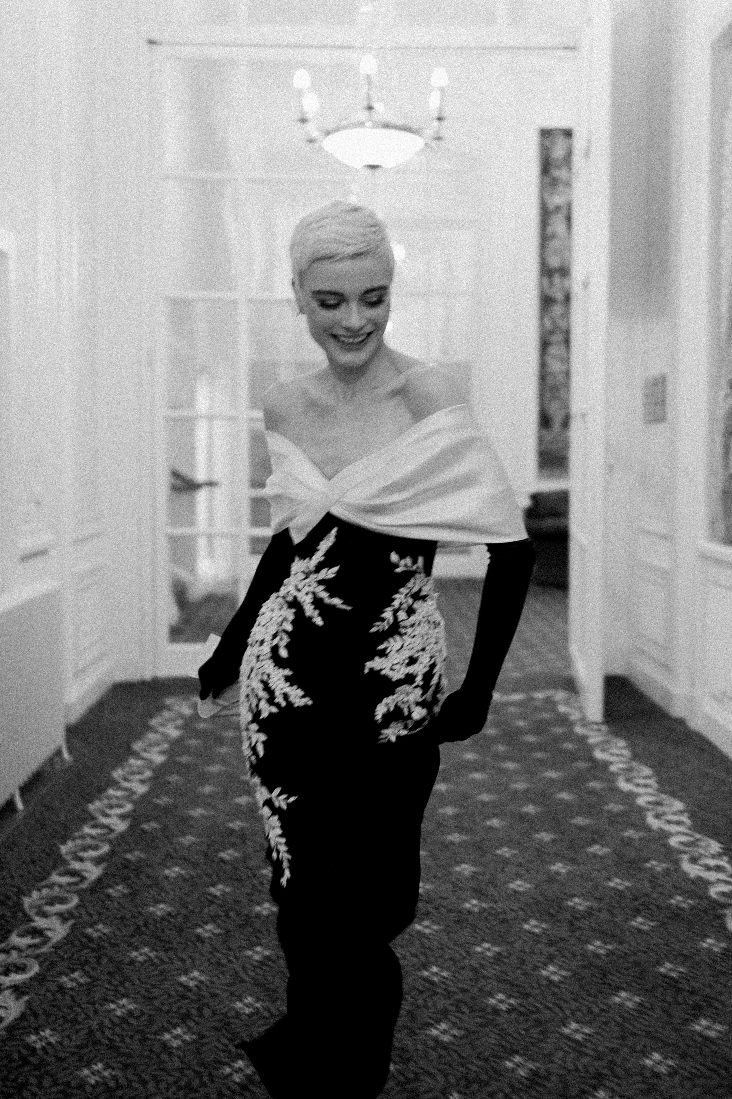 off the shoulder bow detail monochrome column dress with lace applique with gloves