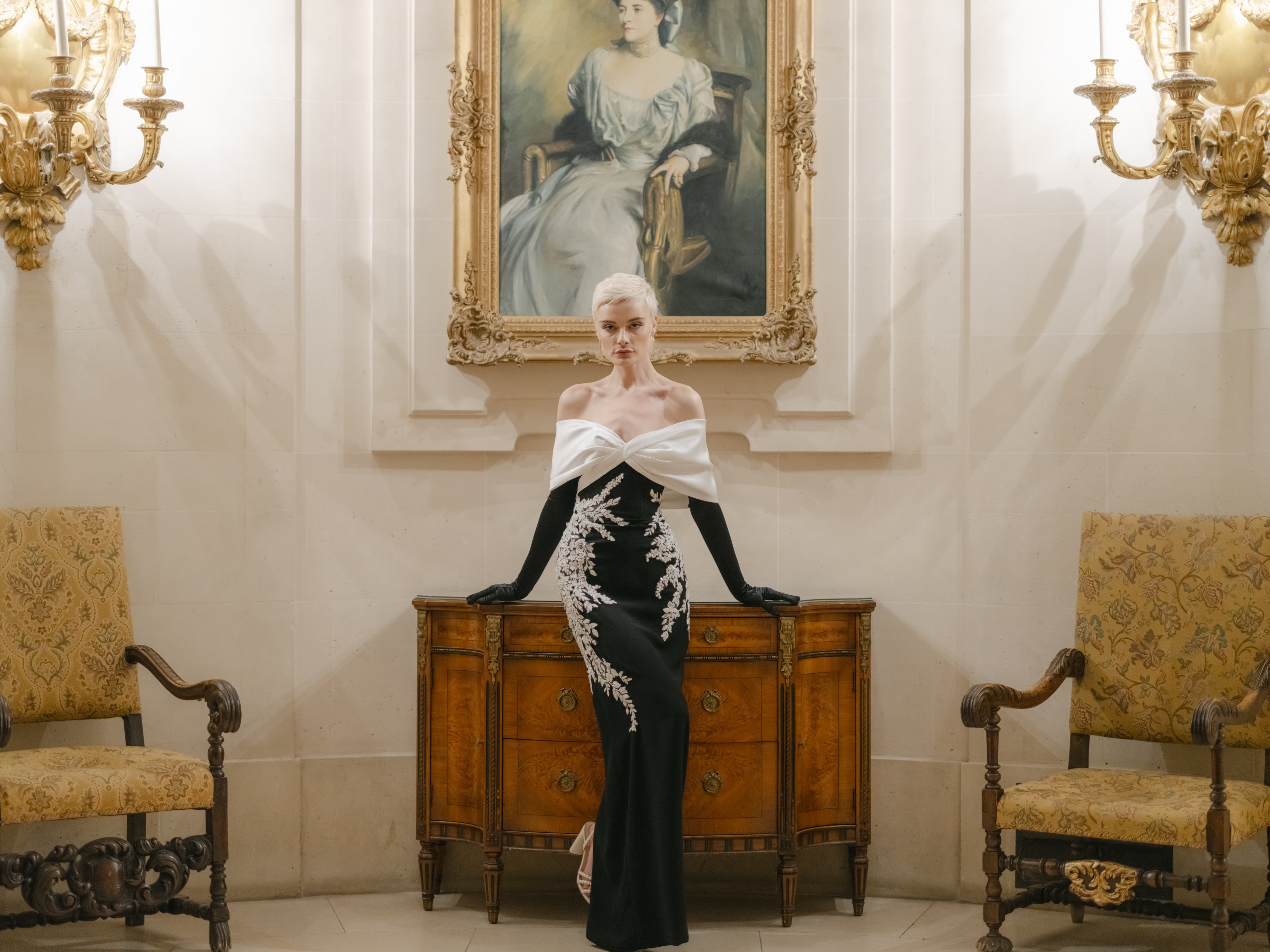 off the shoulder bow detail monochrome column dress with lace applique with gloves