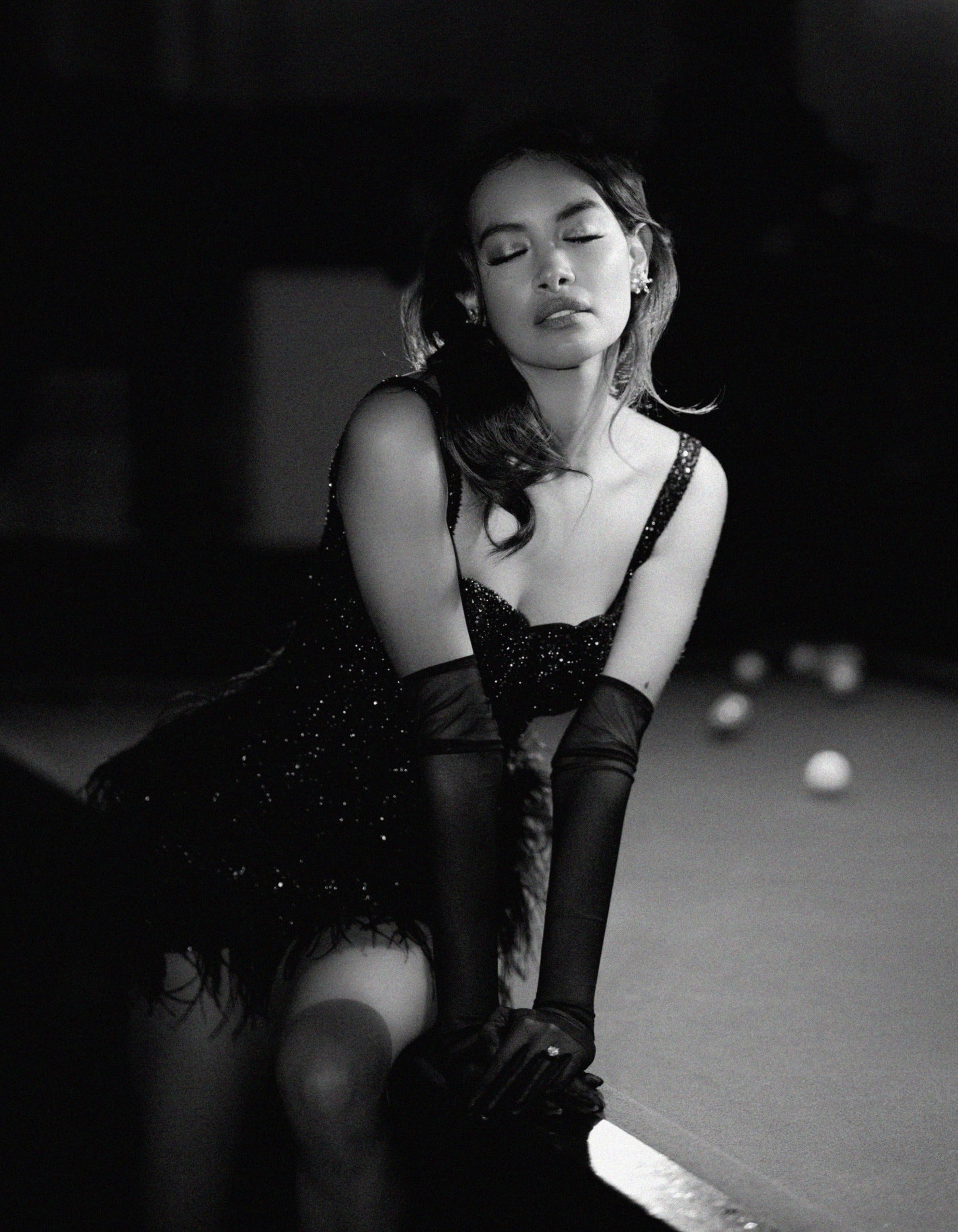 square neckline mini dress black noir with feathers and gloves